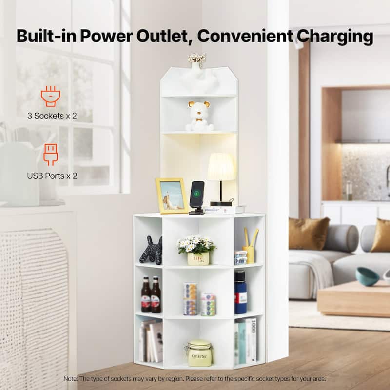 Modern 12-Shelf Corner Cabinet with Charging Station and Adjustable Storage for Bedroom or Study - 28.1"L x 21.3"W x 64.3"H