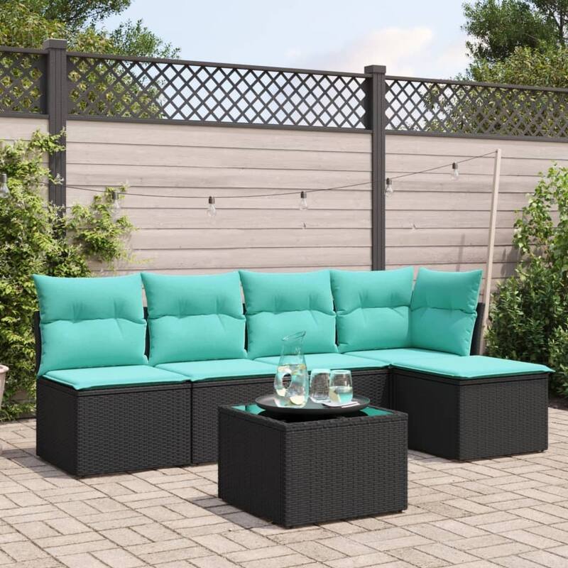 vidaXL 5/6 Piece Patio Sofa Set with Cushions Black/Brown/Gray Poly Rattan - 24.4 x 24.4 x 27.2 - Black and blue With table