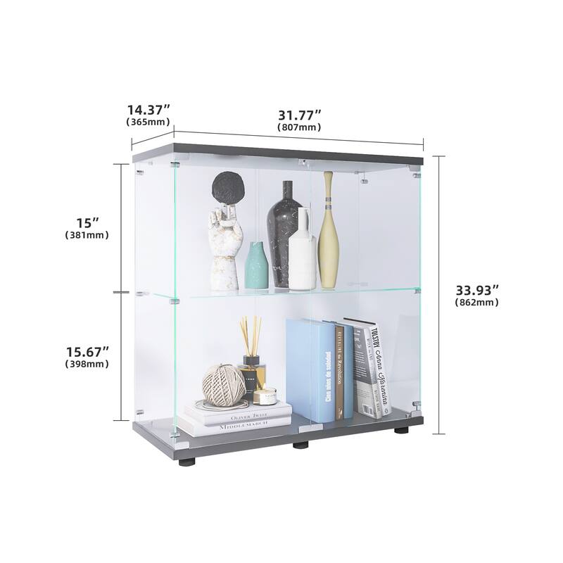 Two-door Glass Display Cabinet, Floor Standing Curio Bookshelf w/2 Shelves, Transparent Full Viewing Angle Cabinets for Bedroom