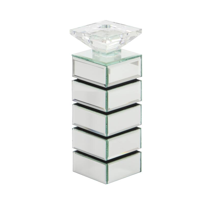 Glass Pillar Candle Holder with Floating Crystals - Silver - Roche River Decor