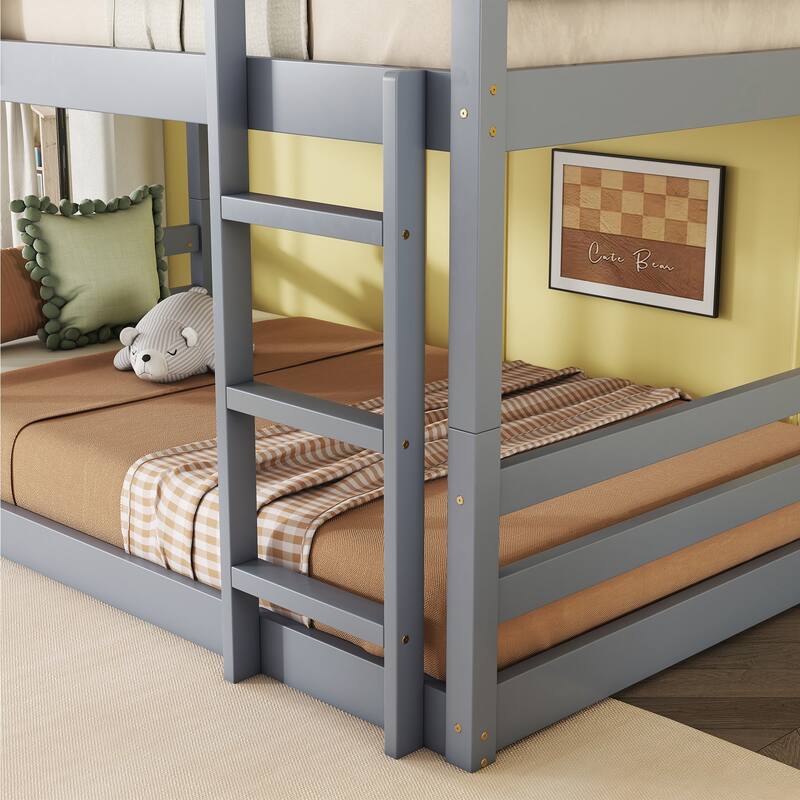 Space-Saving Triple Twin Bunk Bed, Rubber Wood Construction, Detachable into Three Beds, with Guardrails