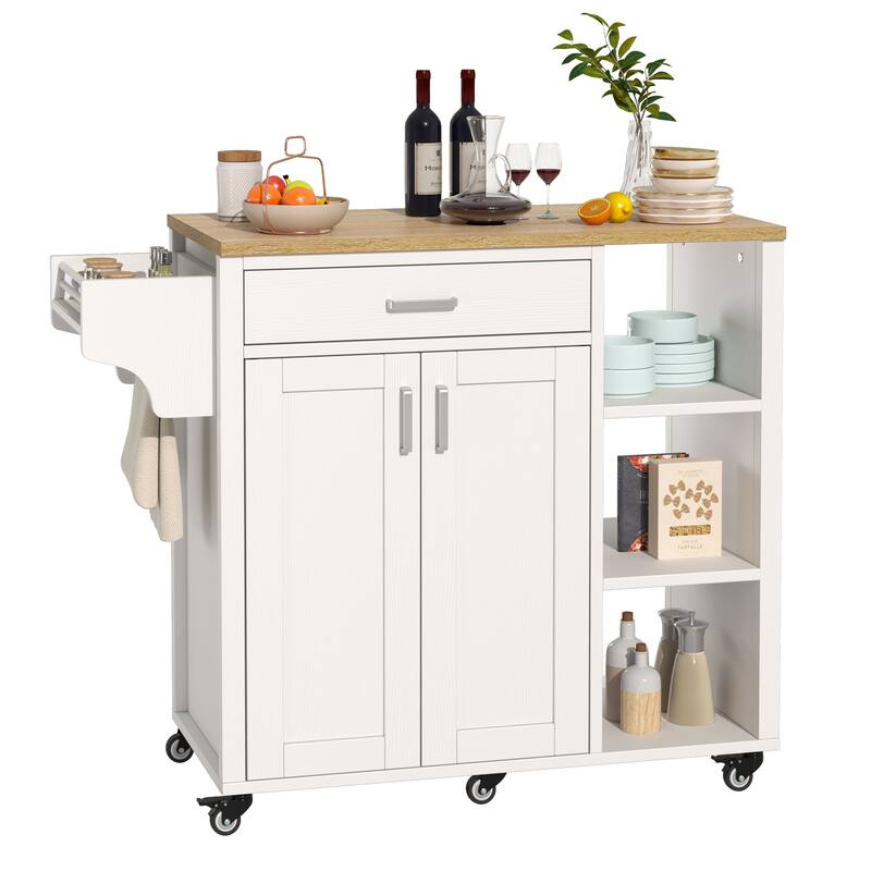 Rolling Kitchen Island Cart On Wheels With Drawer Open Shelves & Spice Rack With Storage For Dining Room