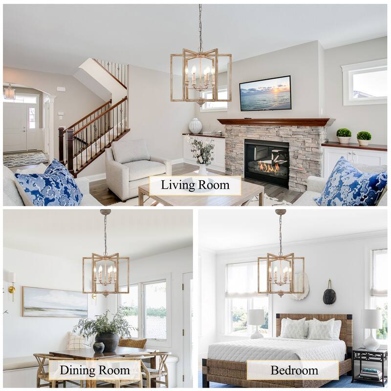 Oaks Aura Wooden Chandelier,Rectangular Frame Pendant Light,Farmhouse Hanging Lamp,Height Adjustable for Living Room,Dining Room
