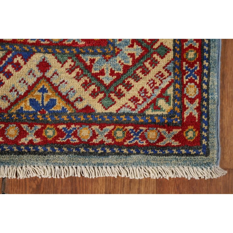 Light Blue Kazak Oriental Runner Rug Hand-Knotted Wool Carpet - 2'7" x 12'9"