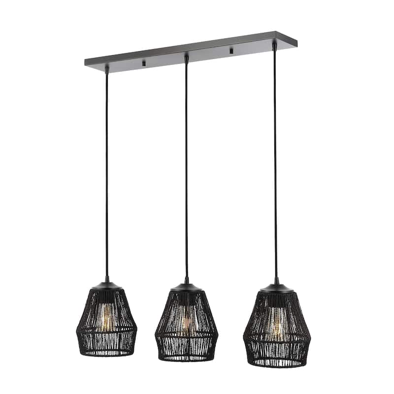 Ibiza Island 30" 3-Light Seagrass/Metal Bohemian Coastal LED Pendant, Oil Rubbed Bronze/Natural by JONATHAN Y - Black
