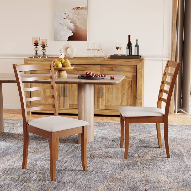 Beige Rubber Wood Kitchen Chairs Set of 2 with Slat Back and Cushioned Seats - 17.5" x 22" x 38"