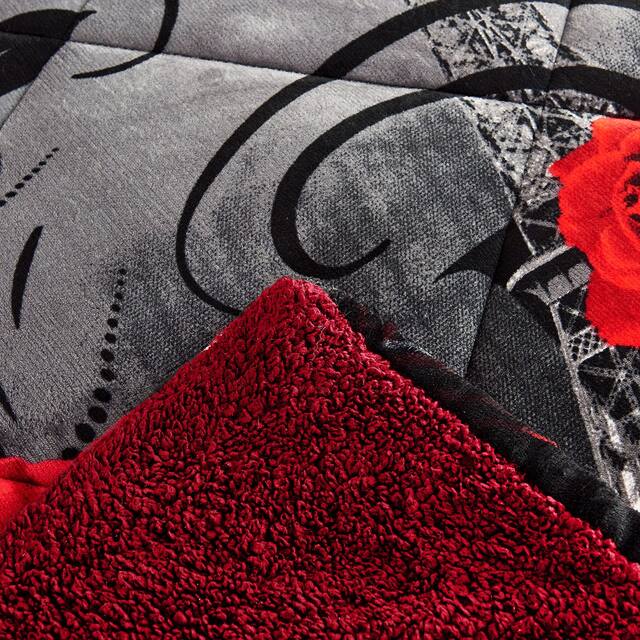 3-Piece Floral Printed Sherpa-Backing Reversible Comforter Set