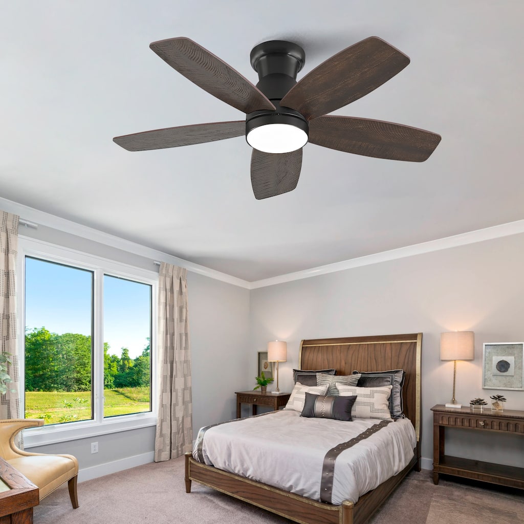 32-inch Low-Profile Ceiling Fan with Light and Remote Control, Dimmable Quiet DC Motor - Black + Dark Walnut