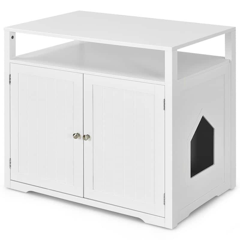 Wooden Cat Litter Box Enclosure Hidden Cat Washroom w/ Storage Layer - White