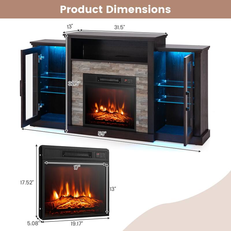 Electric Fireplace TV Stand with 16-Color LED Lights and Adjustable Glass Shelves for Living Room - 59" x 10" x 32.5"
