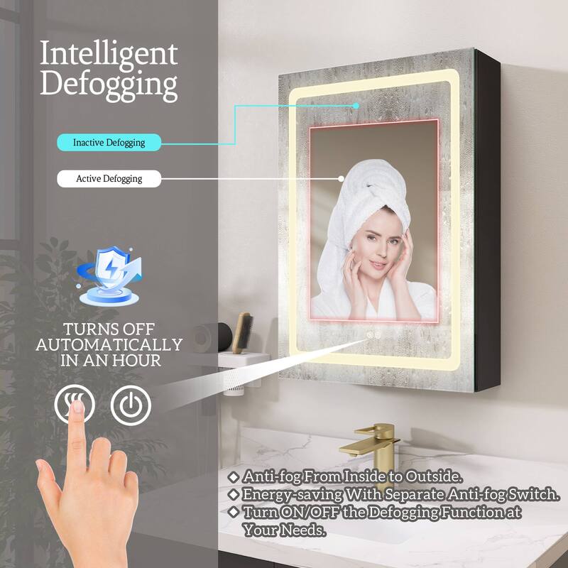 ZEAFIVE LED Black Bathroom Medicine Cabinet Surface Mount Defog Medicine Cabinet 3 Lights Dimmable