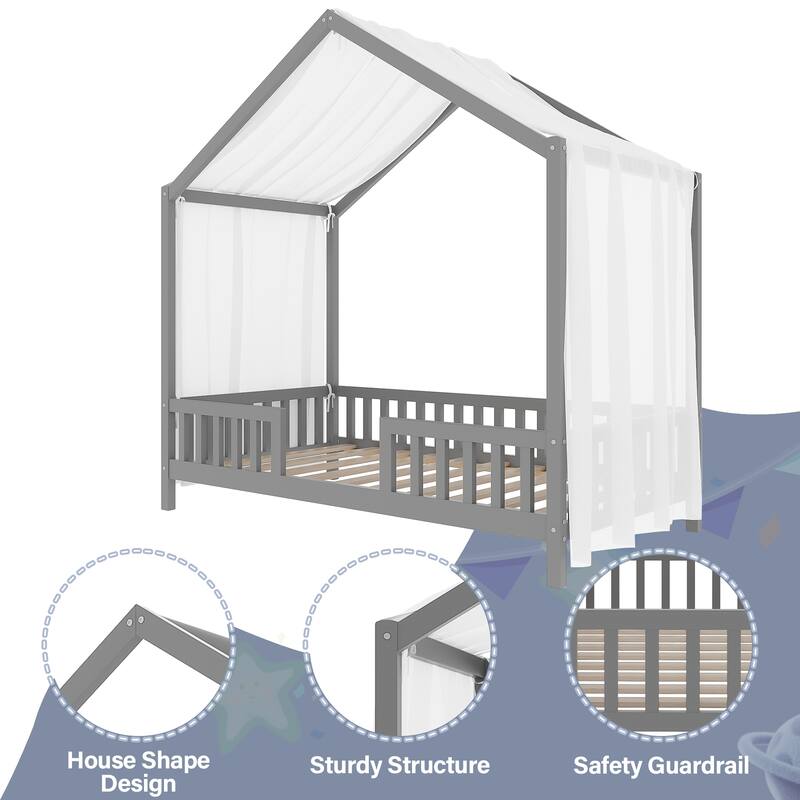 Whimsical Montessori-Inspired Floor Bed with Canopy & Full Safety Rails by Harper&Bright Designs