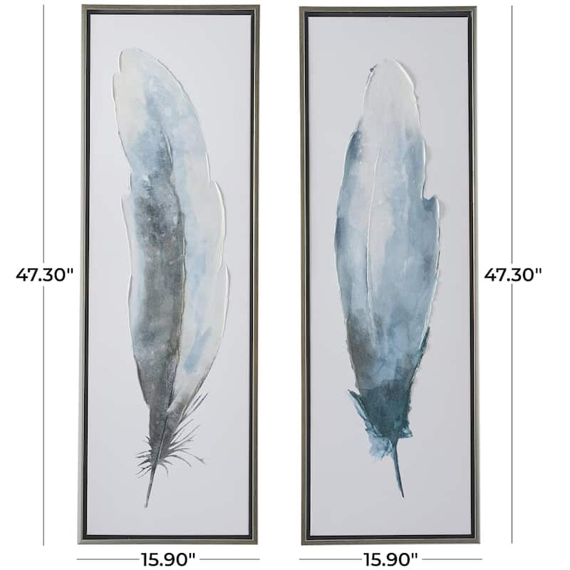 Canvas Bird Feathers Living Room Framed Wall Art with Silver Frame - Set of 2 Blue - Roche River Decor