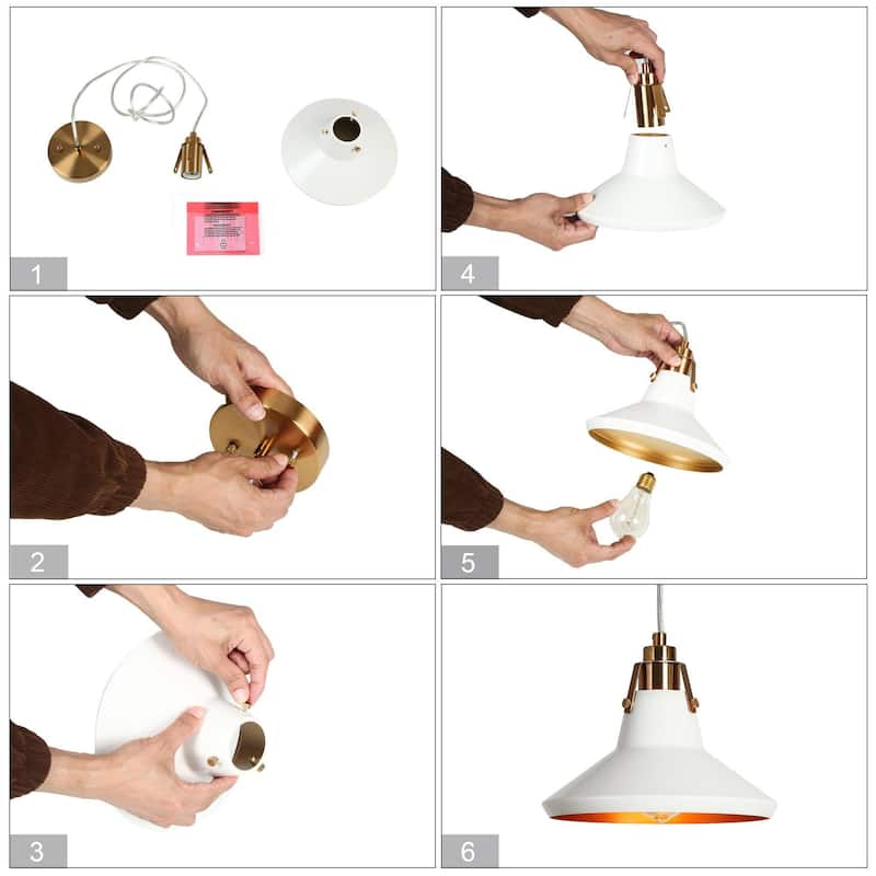Modern Glam 1-Light White Brass Metal Conical-Shade Pendant Lights Kitchen Island Lights for Dining Room - 8.5" D x 7" H