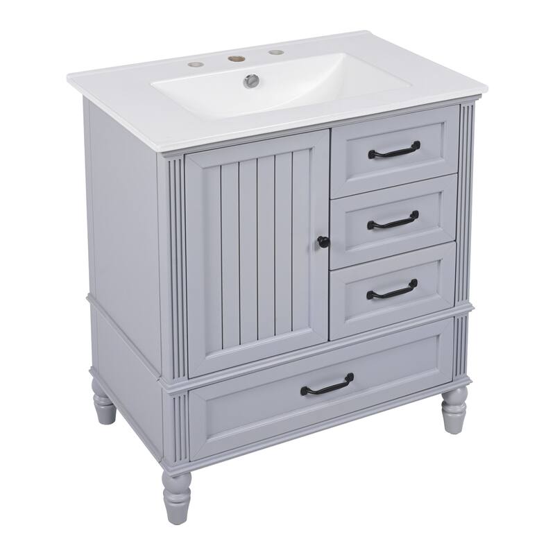 30" Bathroom Vanity wCeramic Sink, Cushioning Door & Drawers, Solid Wood Legs & MDF Board, Adiustable Foot Pads Bathroom Cabinet