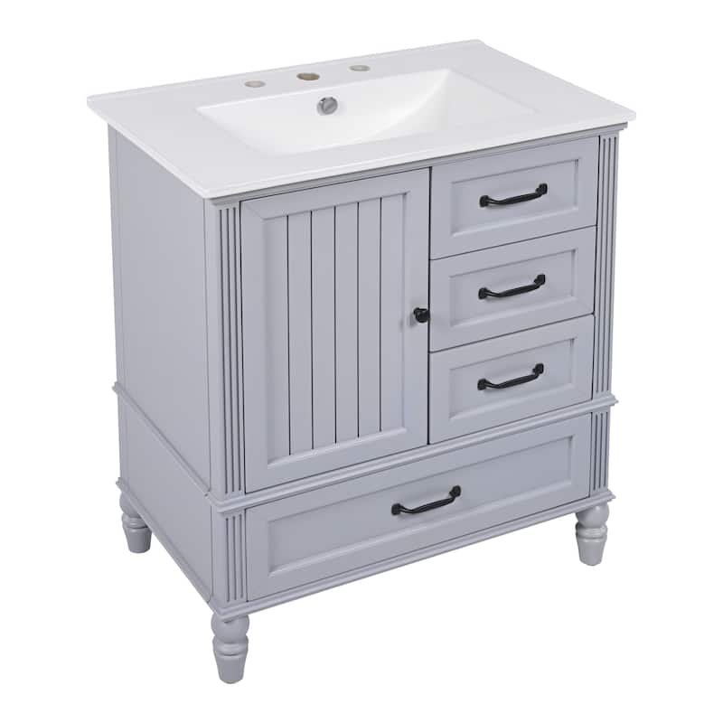 Roomfitters Bathroom Vanity with Sink, Single Door Cabinet and Three Drawers, Solid Wood Legs