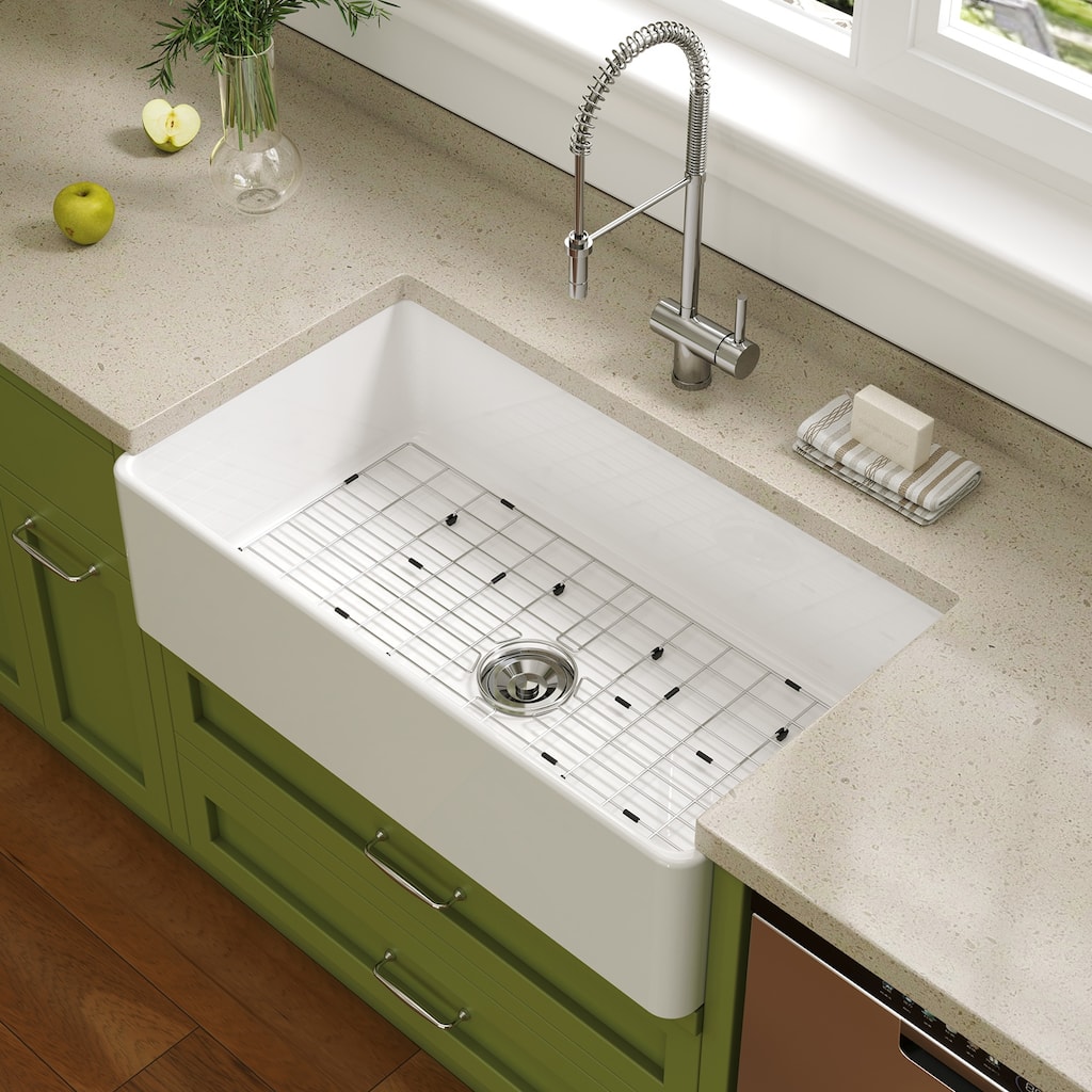 HOROW 36 in. White Fireclay Farmhouse Apron-Front Single-Bowl Kitchen Sink with Bottom Grid and Strainer