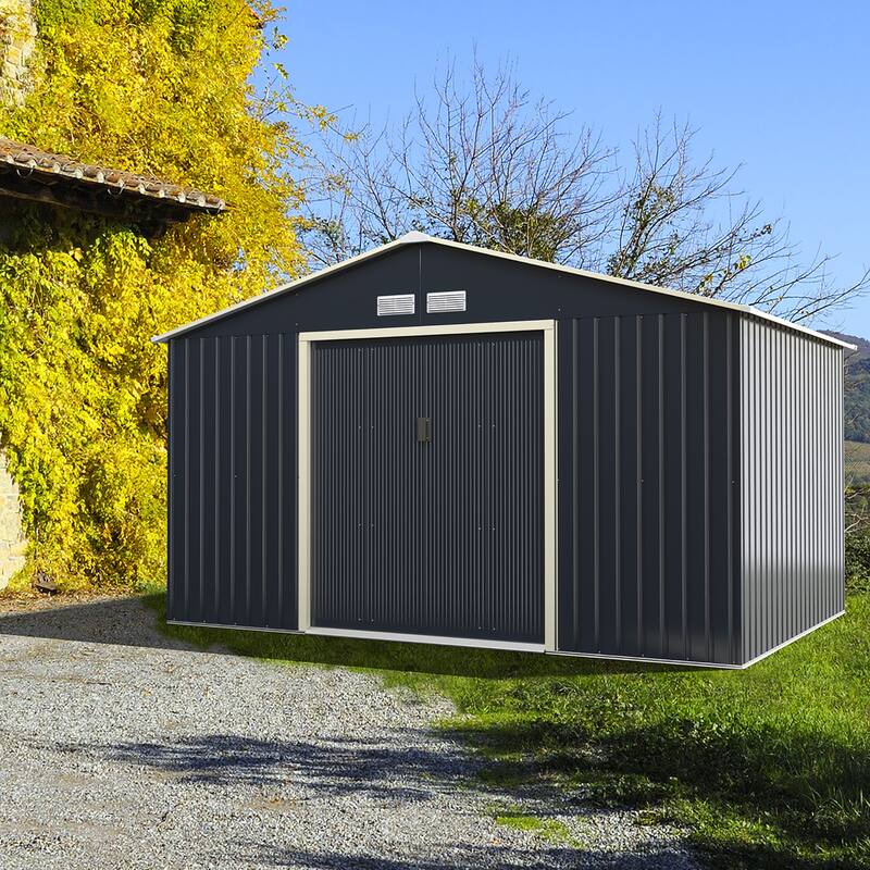 Costway Metal Storage Shed for Garden and Tools w/Sliding Double - 11.2 ft x 8.4 ft x 6.9 ft