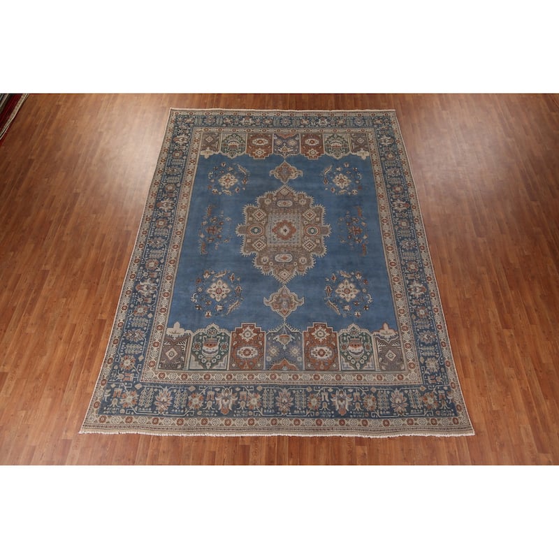Blue Geometric Tabriz Persian Vintage Rug Hand-Knotted Wool Carpet - 9'6" x 13'1"