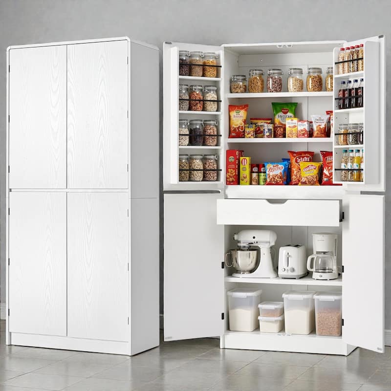 72" Tall Curved Pantry Cabinet with Adjustable Shelves, 8 Door Racks and Hidden Drawer, Farmhouse Storage Cupboard for Kitchen