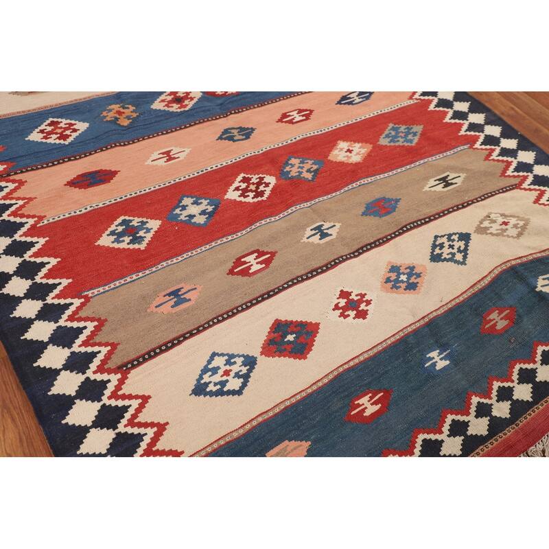 Striped Geometric Kilim Qashqai Persian Rug Hand-Woven Wool Carpet - 5'3"x 9'11"