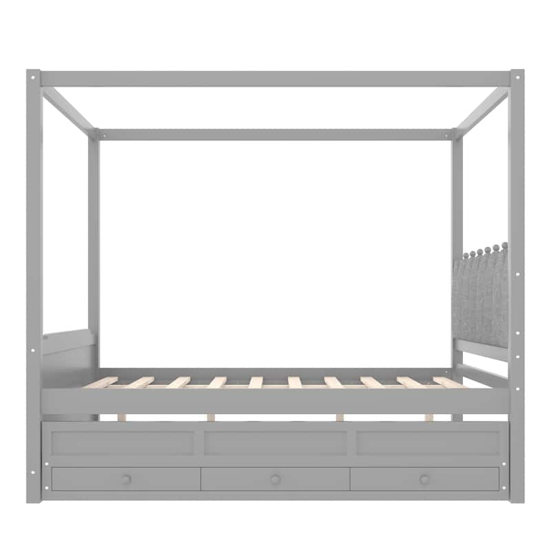 Full/Twin Platform Bed with Upholstered Headboard, Trundle & 3 Drawers, Princess Canopy Bed