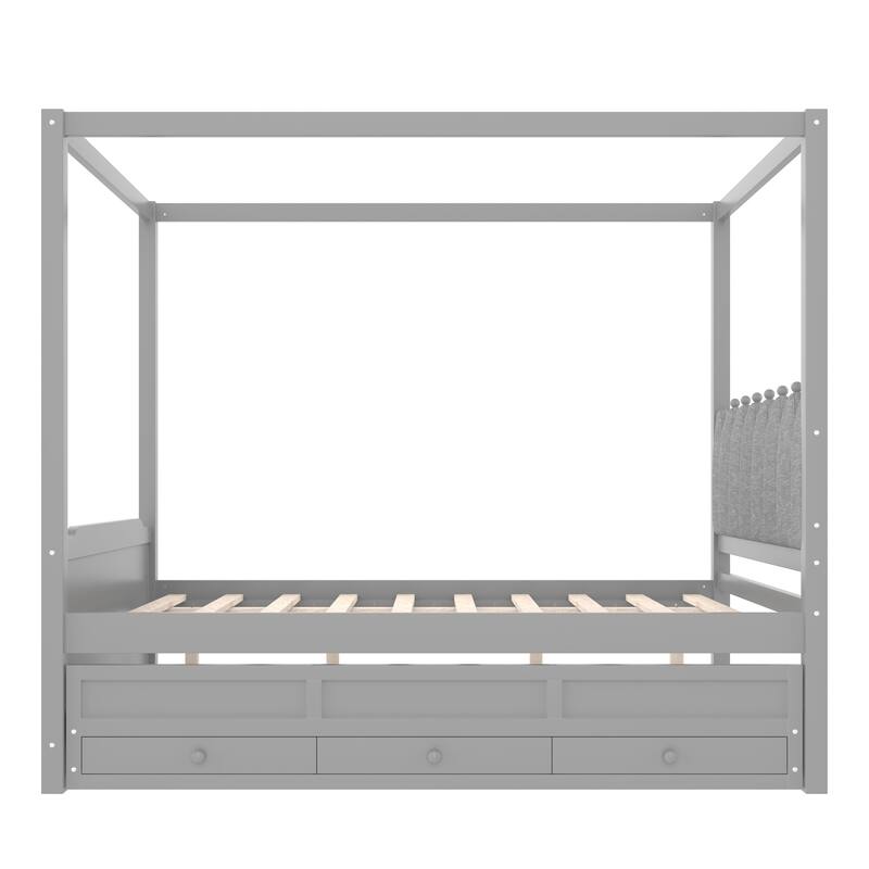 Princess Canopy Bed Upholstered Platform Bed withTrundle, Crown Headboard and 3 Underbed Storage Drawers for Kids