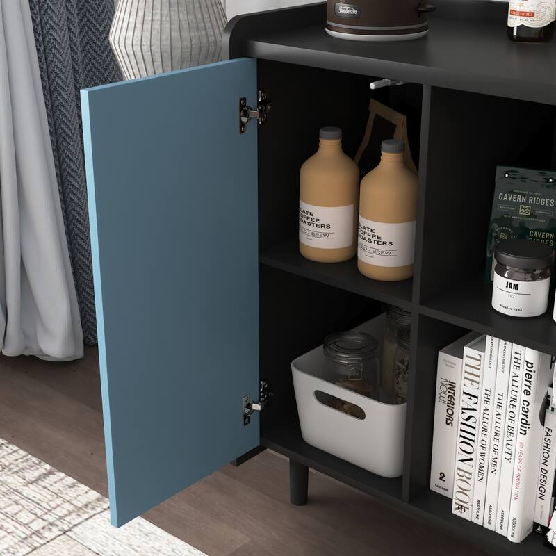Sideboard Buffet Cabinet, Storage Cabinet with Red Doors, 2 Drawers with unique panel styling and 2 Open Storage Compartment
