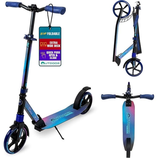 slide 2 of 64, Outdoor Cruiser Kick Scooter for Ages 6+, for Kids, Teens, and Adult, Max Load 250 LBS, Foldable, 8-inch Big Wheels, Black & Blue