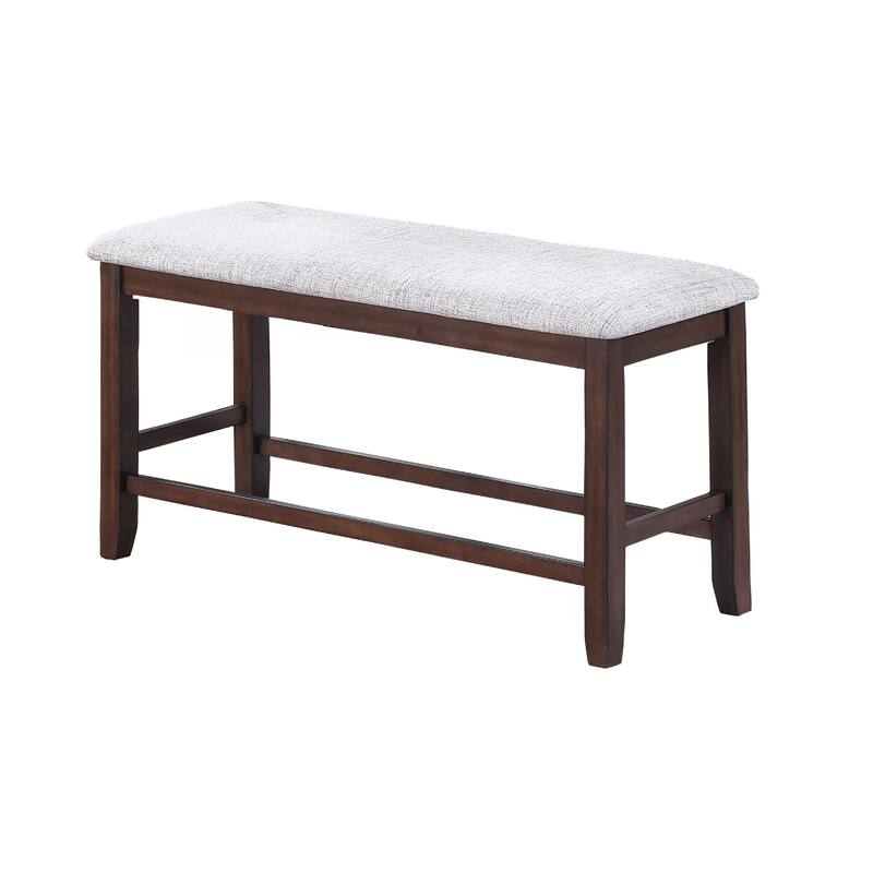 Counter Hight Dining Bench, White Fabric, Walnut Brown Wood, 46 Inch Seat