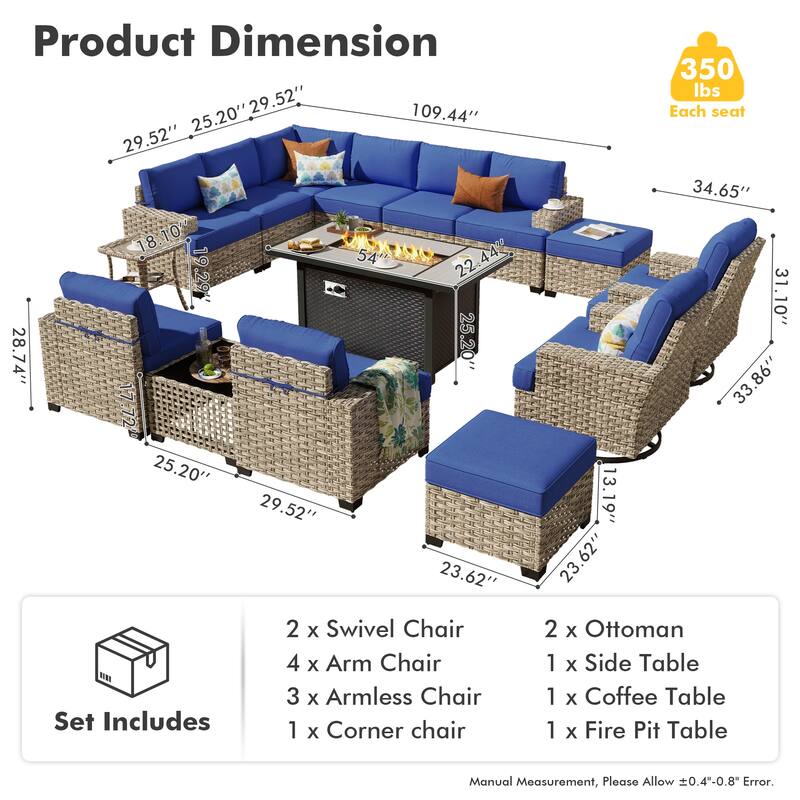 HOOOWOOO 15-piece Outdoor Sofa Patio Wicker Furniture Sectional Set with 54" Fire Pit Table