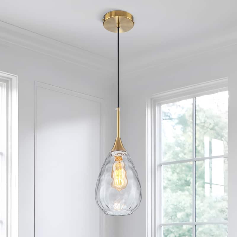 Starsky Modern Hammered Glass Tear-Drop Shade Pendant Light with Adjustable Height