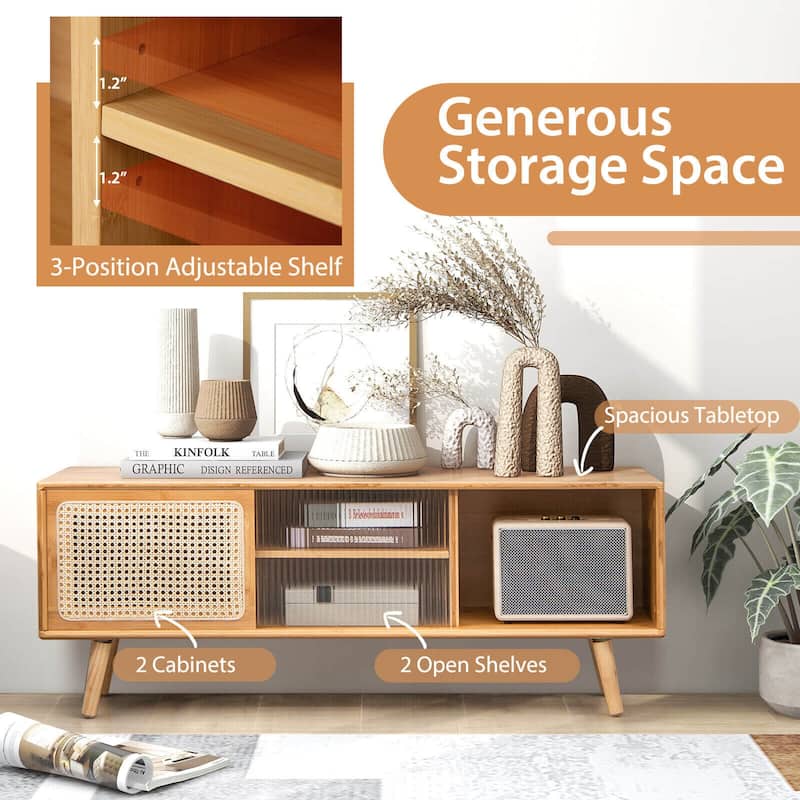 Modern TV Stand with Rattan and Glass Doors for Living Room Storage