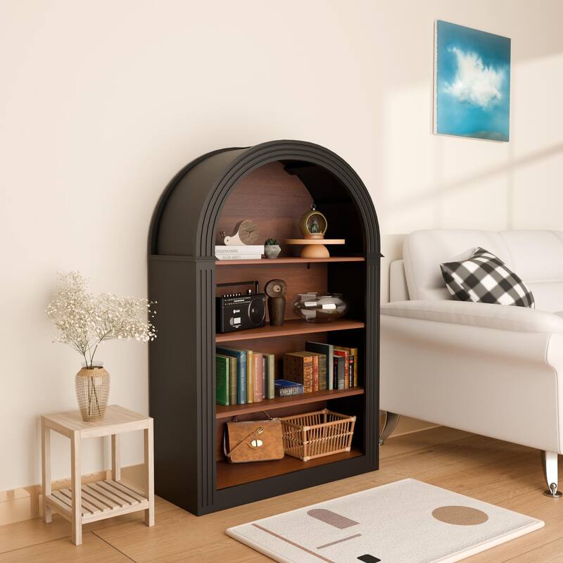Bookcase, 4-Shelf Tall Bookshelf, 45.66" Wood Open Display Floor Arched Bookcase, Large Storage Organizer