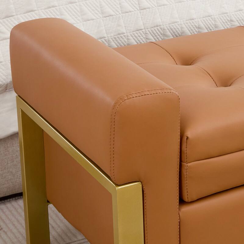 66" Storage Bench for Bedroom End of Bed with Double Lids and Gold Legs