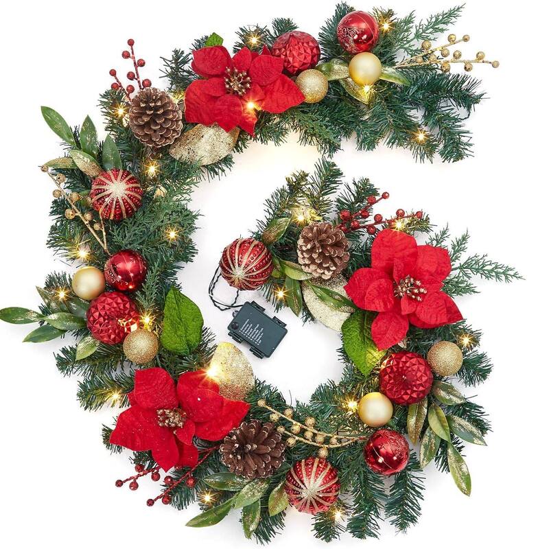 6ft Pre-Lit Outdoor Christmas Garlands with LED Lights Red Gold Balls Flowers - N/A - Red