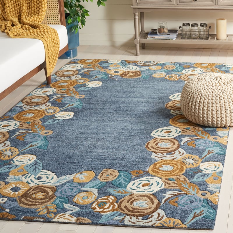 SAFAVIEH Handmade Chelsea Pietie French Country Floral Wool Rug - 6' Square - Blue/Ivory