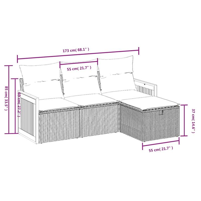vidaXL 4 Piece Patio Sofa Set with Cushions Gray Poly Rattan - 21.7" x 24.4" x 27.2"
