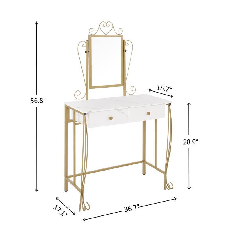 2-Piece Vanity Set with Mirror, 2 Drawers Makeup Dressing Desk with Cushioned Stool, Modern Makeup Vanity Table with Mirror