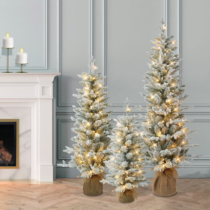 Puleo International Set of 3 Artificial Flocked Spruce Trees in 3', 4', and 5' with Burlap Base - 5 Foot
