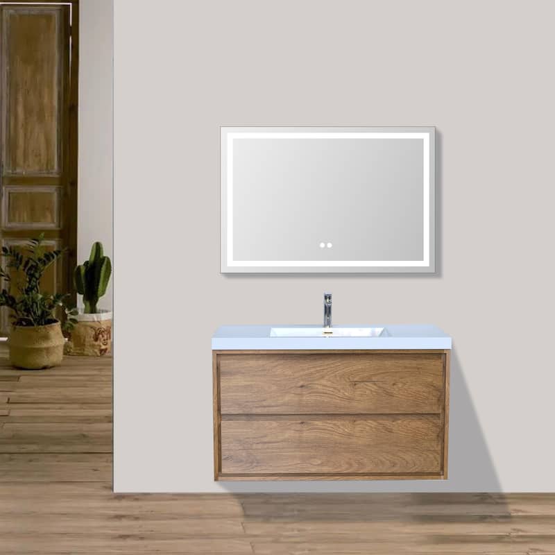 Sage 36" wall mounted bathroom vanity with single basin acrylic top - 36 - teak oak