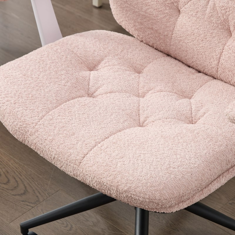 Pink Swivel Chair with Flip-Up Armrests and Crossed Legs