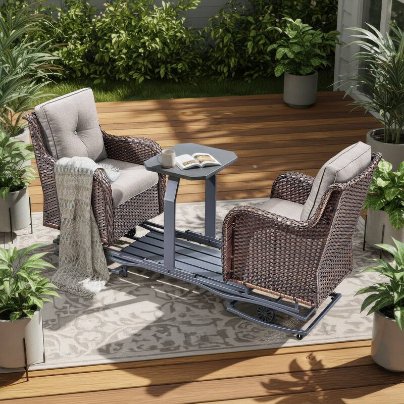 Pocassy Outdoor Double Glider Bench Patio Swing Chair - Brown Wicker Beige Cushion - 2-Person Glider Loveseats with Cushion