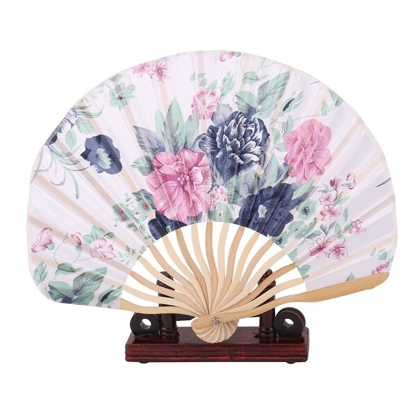 Family Wood Frame Flower Print Hand Fan Display Stand Holder Multicolor