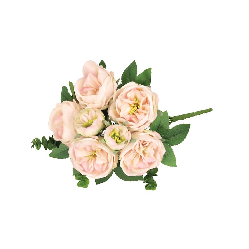 Set of 4 Ivory Pink Artificial Cabbage Rose Flower Stem Bush Bouquet 13in - 13" L x 8" W x 8" DP
