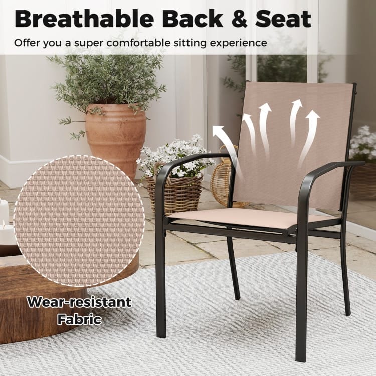 Light Brown Stackable Outdoor Dining Chairs Set of 4 with Metal Frame and Ergonomic Design - 24" x 22.5" x 35"