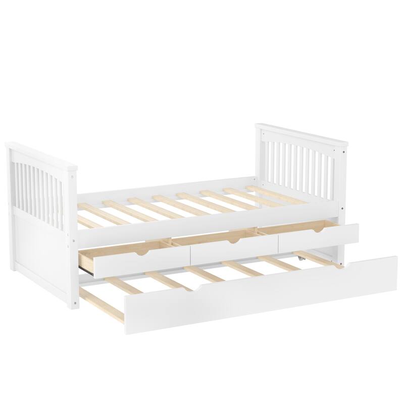 Twin Size Wooden Daybed with Trundle Bed and 3 Drawers, Solid Wood Platform Sofa Bed Frame, No Box Spring Needed