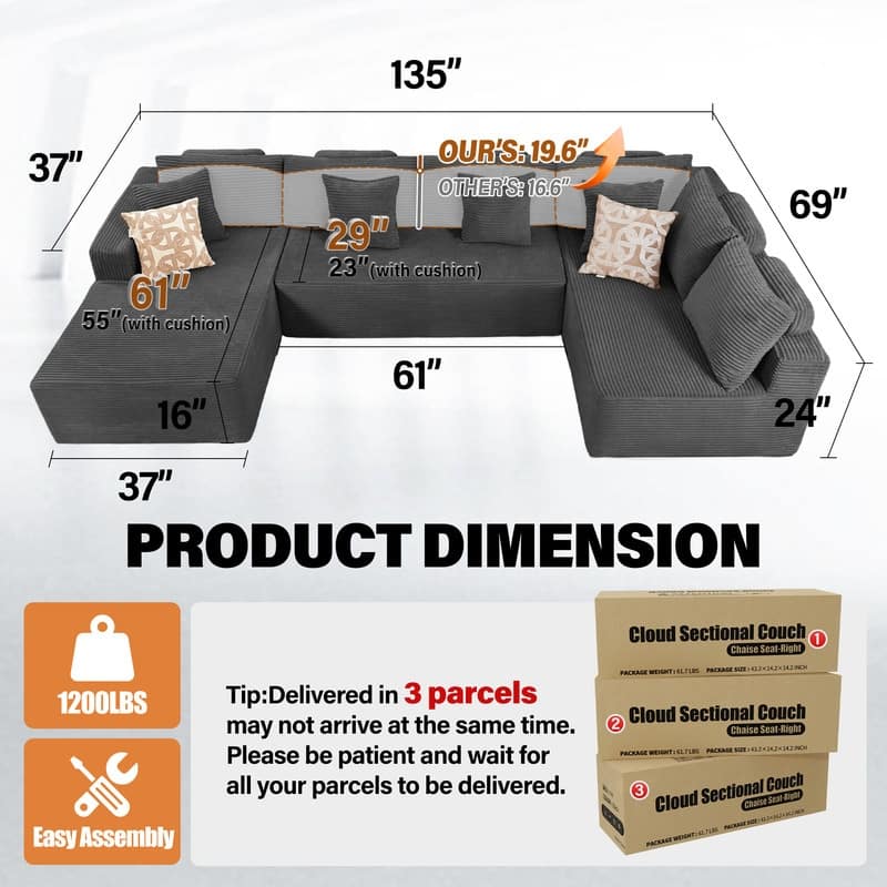 WINSOON 135"x69" Plush Modular Sectional Sofa with Pillows