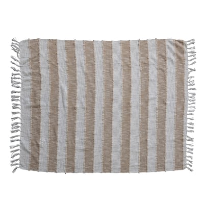 Cotton Throw Blanket with Stripes and Fringe - Tan - 60.0"L x 50.0"W x 1.0"H