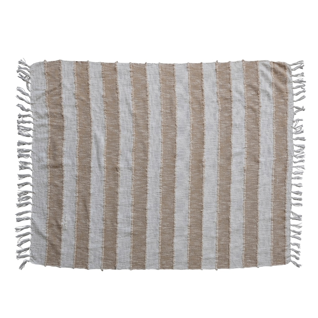 Cotton Throw Blanket with Stripes and Fringe - Tan - 60.0"L x 50.0"W x 1.0"H